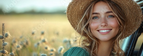 Cheerful woman in hat smiling in a scenic sunny field