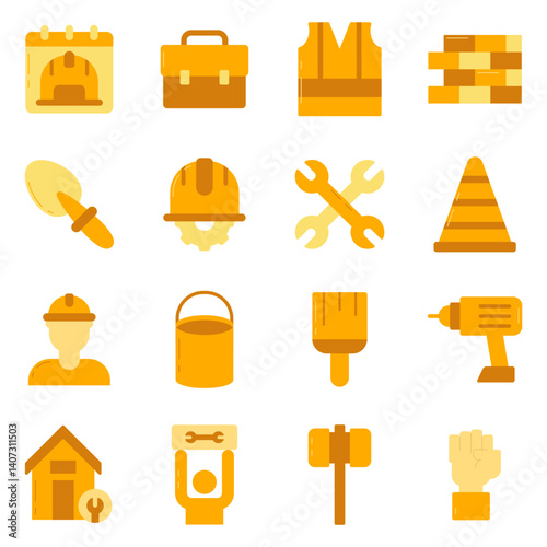 Labour Day illustration set. Includes of worker, labor, tools, hardhat, wrench, hammer, and More. Vector flat color collection