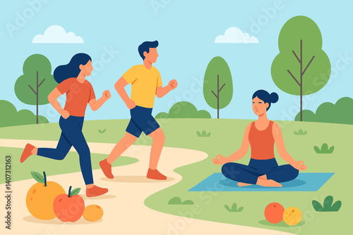 Vector of people exercising and meditating in a natural park, promoting group fitness, mindfulness, and healthy living outdoors.