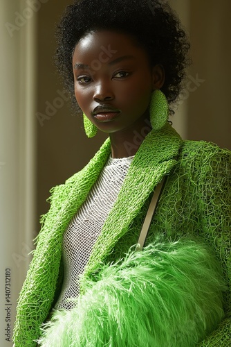 Obraz na płótnie Stylish woman in vibrant green outfit with bold fashion accessories w salonie