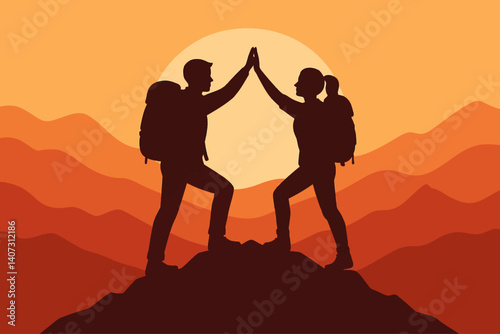 Vector illustration of two hikers giving high five on a mountain top during sunset, symbolizing achievement, friendship, and adventure.