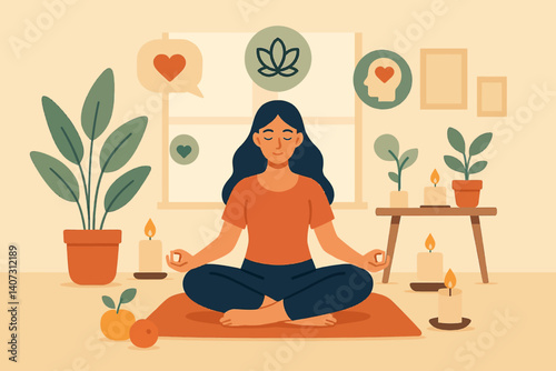 Vector illustration of woman practicing meditation with candles and plants indoors, symbolizing inner peace, mindfulness, and wellness.