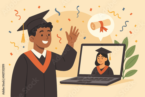 Vector of a student celebrating graduation online via video call, symbolizing remote learning, education success, and virtual ceremony.