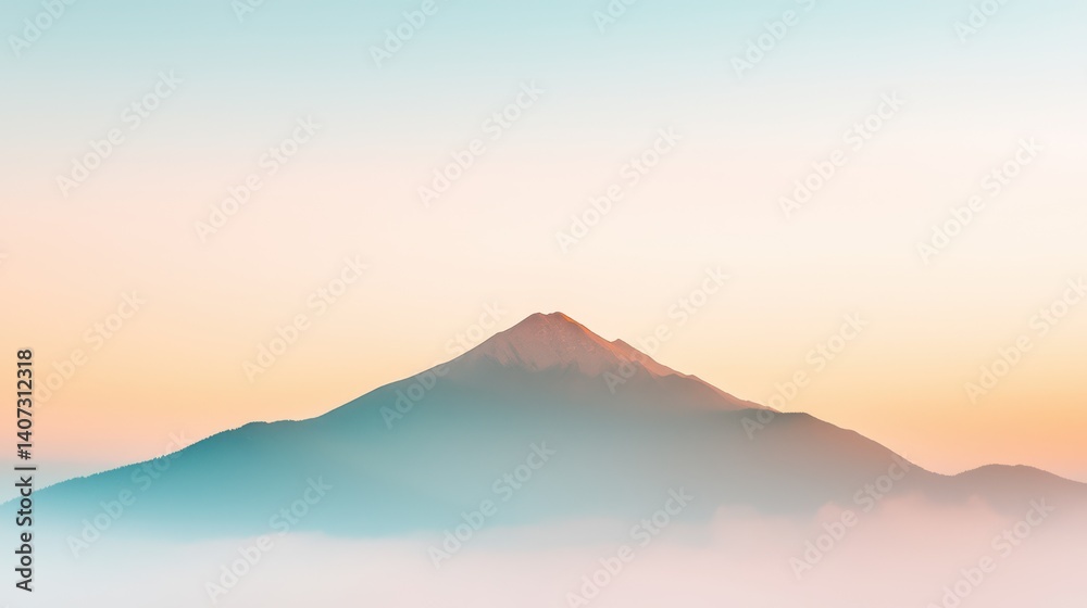 A serene mountain peak rises softly through a gentle mist during sunrise, creating a peaceful and tranquil atmosphere in a picturesque landscape scene. A serene mountain peak rises softly through a gentle mist during sunrise, creating a peaceful and tranquil atmosphere in a picturesque landscape scene.