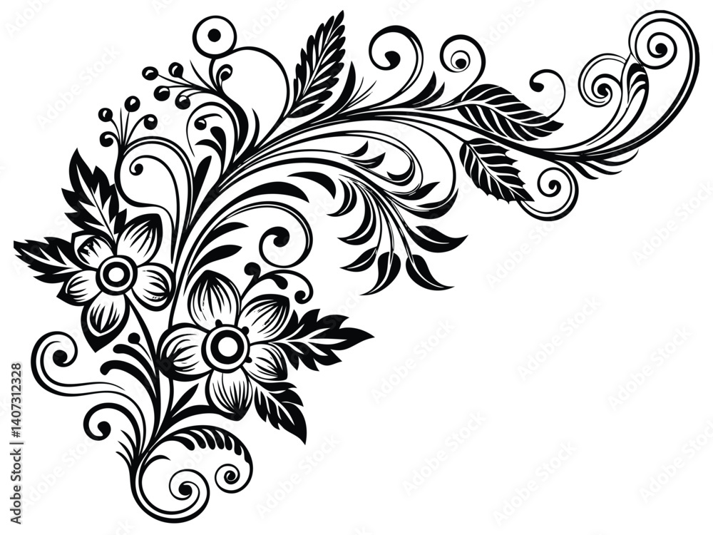 Abstract floral design features a vector flower pattern with ornate swirls and leaf elements, creating a vintage nature illustration Abstract floral design features a vector flower pattern with ornate swirls and leaf elements, creating a vintage nature illustration