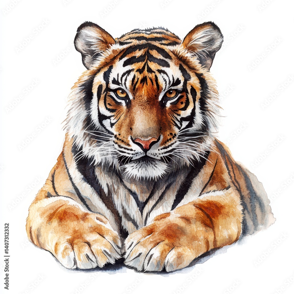 Obraz premium Majestic Tiger Portrait Watercolor Painting on White Background