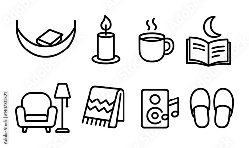 outline vector icons of daily home life: cooking, reading, relaxing, watching TV, gardening, sleeping, cleaning, working from home. No text. The icons should be clean. isolated transparent background