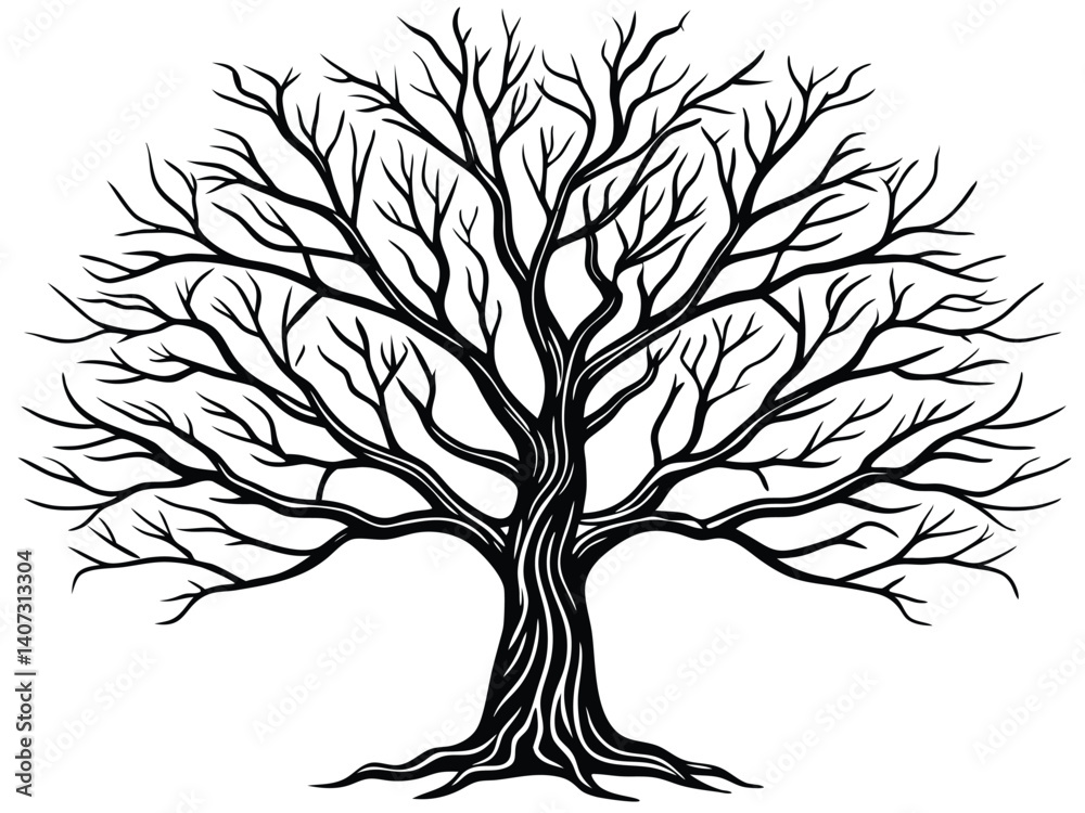 Obraz premium Black tree silhouette vector art shows a bare branch and root system, a nature symbol often used in design