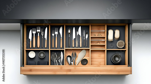 Organized Kitchen Drawer With Wooden Cutlery Trays