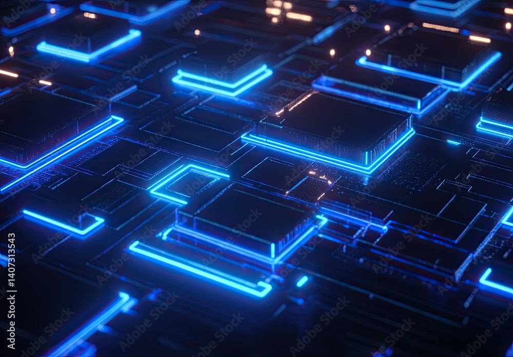 Fototapeta premium 3D render, abstract futuristic background with blue glowing neon lines and square shapes on a black backdrop