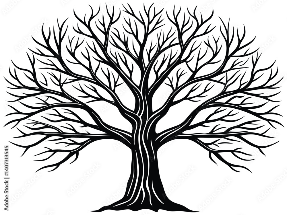 Obraz premium A black vector illustration shows a tree silhouette with visible roots, a natural symbol of growth