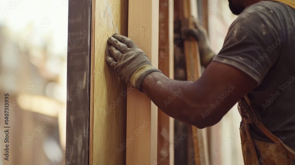 Construction laborer installing a door frame at a construction site. Featuring coordination and expertise Construction laborer installing a door frame at a construction site. Featuring coordination and expertise