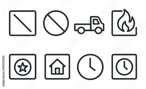 outline vector icons of parking restrictions: red zone, no stopping, loading , fire lane, emergency access, permit , resident zone, weekend restriction. No text. The icons should be clean. isolated