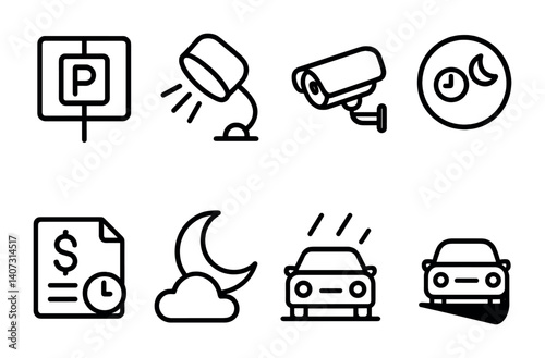 outline vector icons of night parking: illuminated sign, floodlight, night camera, 24/7 zone, late fee icon, overnight icon, dimmed area, shadow car. No text. The icons should be clean. isolated