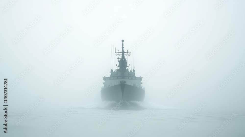 A ship emerges from a thick fog, creating a mysterious atmosphere on the water. The silhouette of the vessel contrasts with the soft, muted backdrop of mist. A ship emerges from a thick fog, creating a mysterious atmosphere on the water. The silhouette of the vessel contrasts with the soft, muted backdrop of mist.