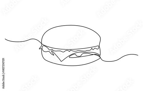Continuous one line drawing of burger. Single line drawing of hamburger, Minimalist food concept isolated on white background.