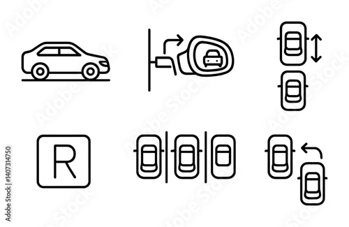 outline vector icons of street parking: curb, meter post, parallel park icon, parking zone, ticket on windshield, painted curb, street signage, residential spot. No text. The icons should be clean.