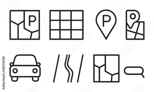 outline vector icons of parking maps: zone map, space grid, P pin, lot location, car icon, street outline, section highlight, search bar. No text. The icons should be clean. isolated transparent