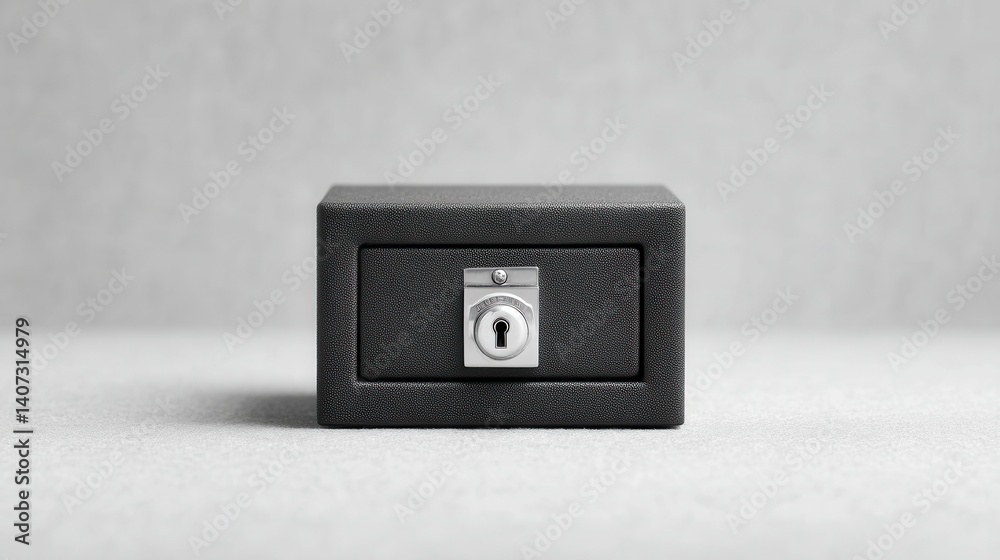 A sleek black safe with a key lock, placed on a textured grey background. Ideal for concepts of security, finance, and safe storage solutions in a minimalist style. A sleek black safe with a key lock, placed on a textured grey background. Ideal for concepts of security, finance, and safe storage solutions in a minimalist style.