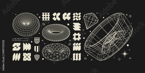 Vector graphic assets kit acid style, Postmodern abstract geometric shapes with wireframe elements of different forms, Y2K trendy design in brutalism aesthetic, template symbols set 11