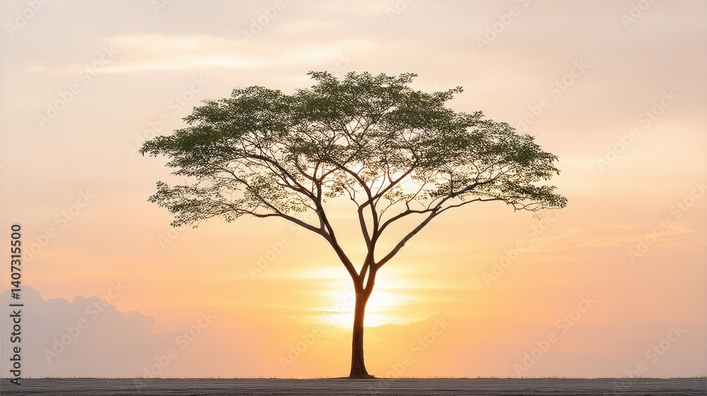 A solitary tree stands against a stunning sunset, showcasing the beauty of nature A solitary tree stands against a stunning sunset, showcasing the beauty of nature