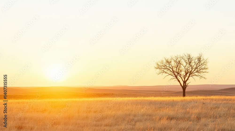 Fototapeta premium A solitary tree stands gracefully against a golden sunset in an expansive field. The warm light creates a serene atmosphere, highlighting the beauty of nature's simplicity.