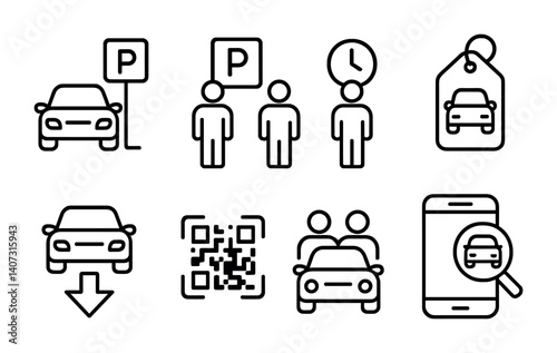 outline vector icons of parking for ride share: pickup icon, driver meet spot, passenger wait, ride tag, drop zone, QR check-in, rideshare , app scan. No text. The icons should be clean. isolated