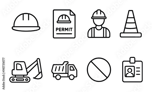 outline vector icons of construction site parking: helmet icon, site permit, worker lot, safety cone, machinery space, truck lane, restricted sign, ID check. No text. The icons should be clean.