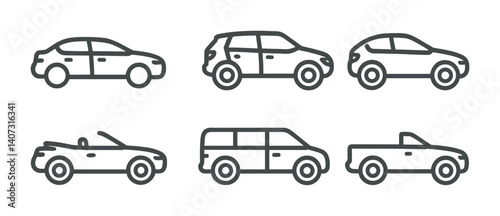 outline vector icons of parking basics: parking sign, parked car, parking lot, parking space, car slot, parking lines, vehicle icon, entrance gate. No text. The icons should be clean. isolated