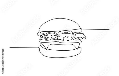 Continuous one line drawing of burger. Single line drawing of hamburger, Minimalist food concept isolated on white background.