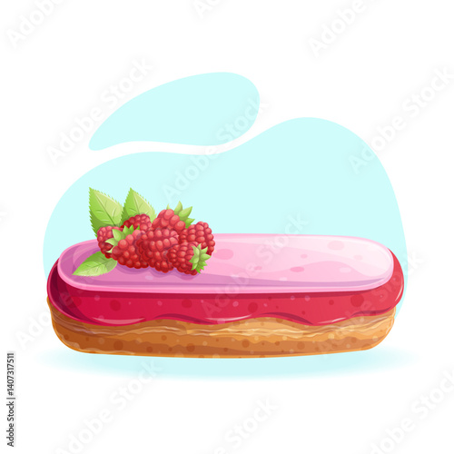 Delicious eclair with custard and raspberries on a blue background close-up. The concept of confectionery, baking, cooking. Isolated vector illustration for menu design, posters, banners, covers