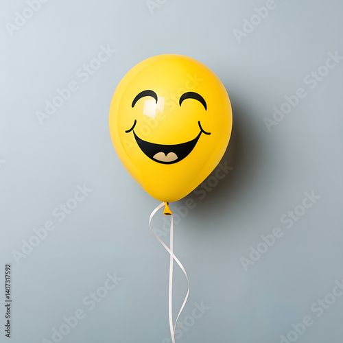 Yellow smiley face balloon with a happy expression floating against a light blue background