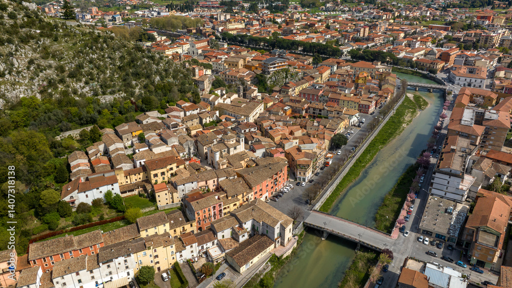 Aerial view of Sora. It is a town Lazio, Italy, in the province of Frosinone. It is built in a plain on the banks of the Liri river.