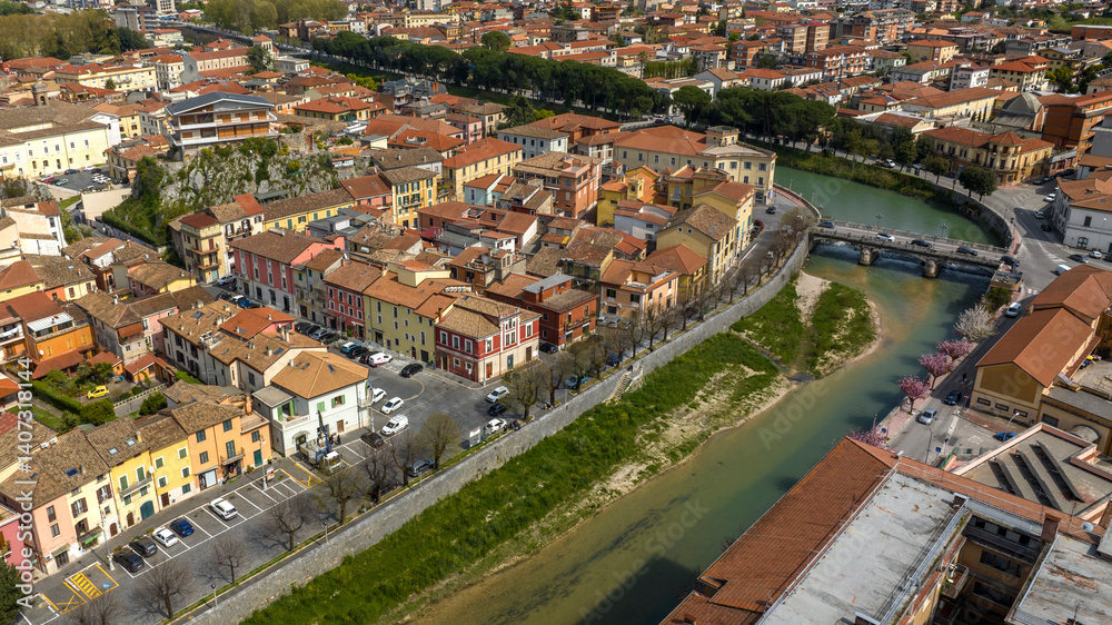 Aerial view of Sora. It is a town Lazio, Italy, in the province of Frosinone. It is built in a plain on the banks of the Liri river.