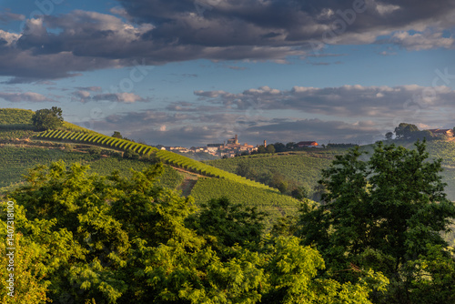 Sunrise over vineyards in Piedmont near Cisterna D'Asti