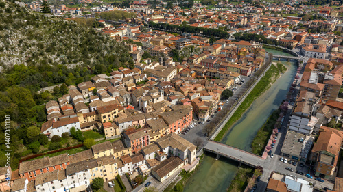 Obraz na płótnie Aerial view of Sora. It is a town Lazio, Italy, in the province of Frosinone. It is built in a plain on the banks of the Liri river. w salonie