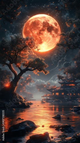 Blood Moon Night Stunning Asian Landscape Wallpaper & Mobile Wallpaper