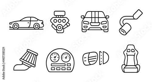 outline vector icons of car modification: lowered car, tuned engine, racing stripe, modified exhaust, air intake, custom dashboard, LED lights, racing seats. No text. The icons should be clean.
