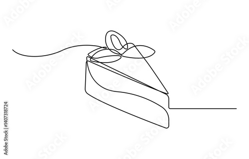 Continuous one line drawing of sliced cake - food and beverage concept. Cheese cake with strawberry and cherries in single line draw illustration, on white background.