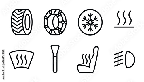 outline vector icons of winter driving: snow tires, chains icon, snowflake light, heater symbol, defrost icon, ice scraper, heated seats, fog light. No text. The icons should be clean. isolated