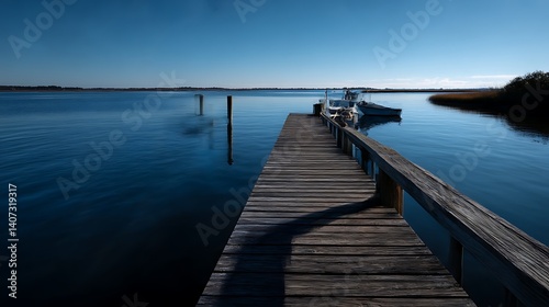 Wallpaper Mural 静かな水面に伸びる木製の桟橋と係留されたボート Torontodigital.ca