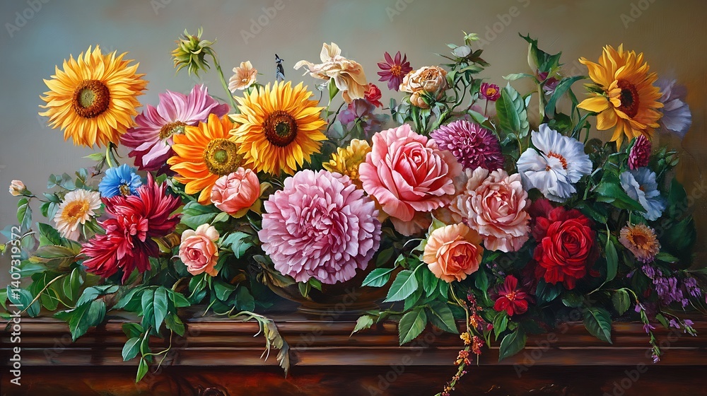 Obraz premium 油絵のような鮮やかな花々の静物画