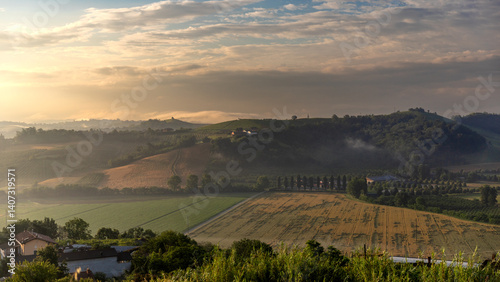 Sunrise over vineyards in Piedmont near Cisterna D'Asti