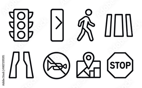 outline vector icons of city driving: traffic light, one way sign, pedestrian icon, crosswalk, narrow lane, no horn sign, urban GPS, stop sign. No text. The icons should be clean. isolated