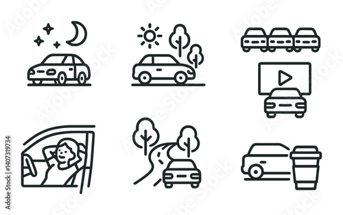 outline vector icons of car lifestyle: night drive, Sunday cruise, car meet, weekend ride, drive-in movie, chill in car, favorite route, road coffee. No text. The icons should be clean. isolated