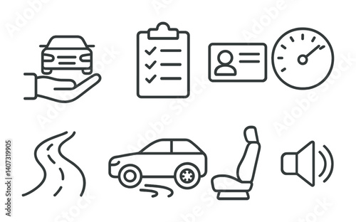 outline vector icons of car documents: registration paper, insurance card, driver license, maintenance log, title certificate, emissions test, inspection sticker, lease agreement. No text. The icons