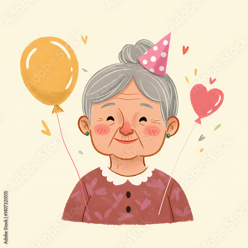 Happy Grandma Celebrating Birthday with Balloons Against Cream Background. Elderly woman smiling at surprise party