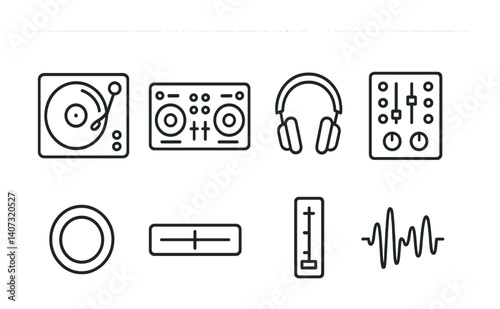 Music equipment icon set: linear style featuring turntable, dj mixer, headphones, and more