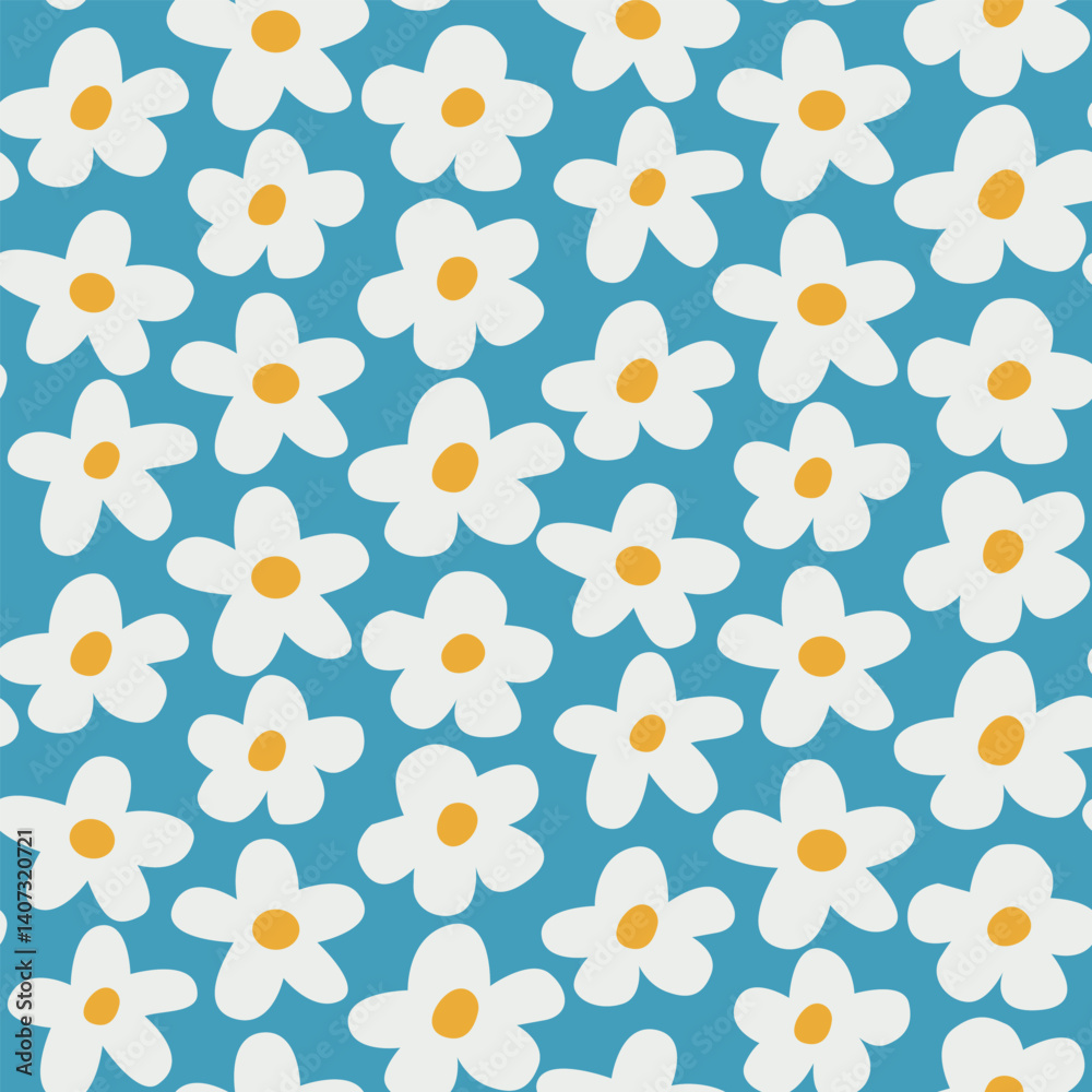 Retro Hand drawn White Daisies Seamless Pattern on Blue Background. For Nursery wallpaper, home décor, fabric and textile Retro Hand drawn White Daisies Seamless Pattern on Blue Background. For Nursery wallpaper, home décor, fabric and textile