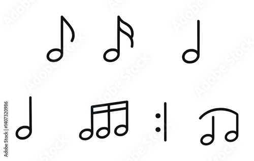 outline vector icons of music notation: quarter note, eighth note, sixteenth note, whole note, dotted note, triplet, repeat sign, slur. No text. The icons should be clean. isolated transparent